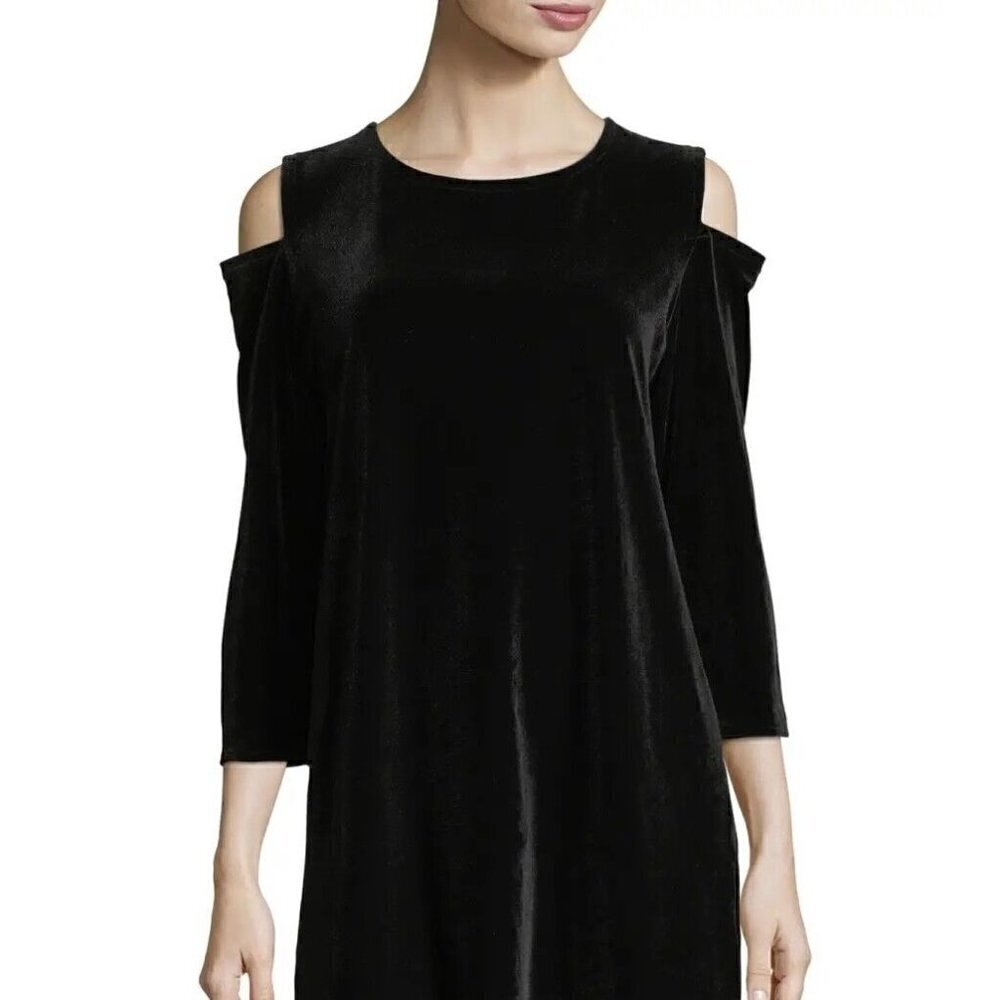 Caroline Rose Women Sz XS Black Stretch Velvet Cold Shoulder Flared Tunic Blouse